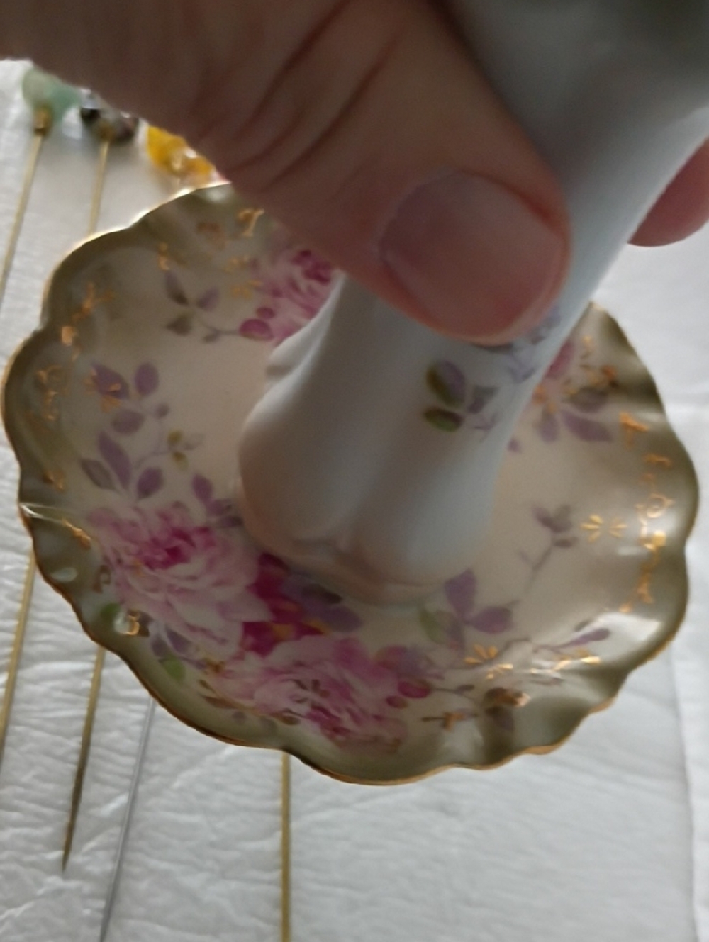 Vintage Porcelain Floral Hatpin Holder with Pink and Gold Accents - Picture 5 of 10